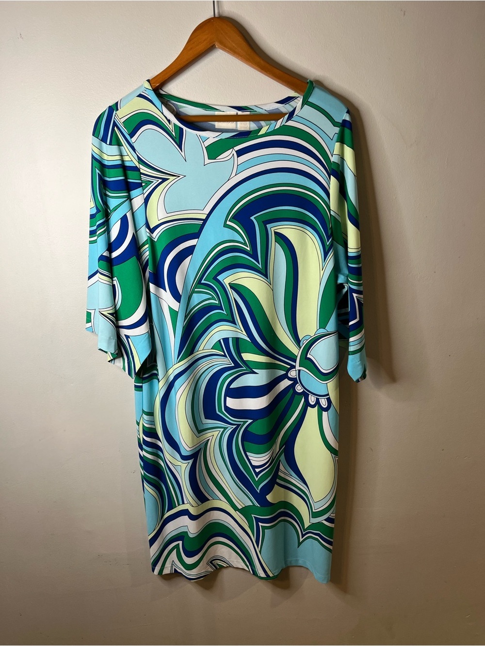 Chico’s Blue & Green Geometric Sheath Dress Boat Neck 3/4 Kimono Sleeve Size 1